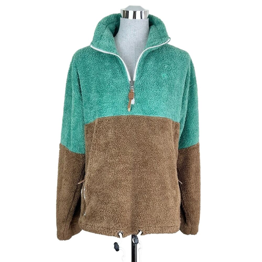 Kazane‎ Teddy Fleece Half Zip Color Block Green Brown Unisex Size Small